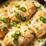 One pan Keto cheesy jalapeño chicken topped with fresh jalapeño slices, green onions, and creamy cheese sauce in a skillet.