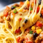 Close-up of cheesy vegan Tuscan orzo bake with vibrant vegetables like corn, black beans, and tomatoes.