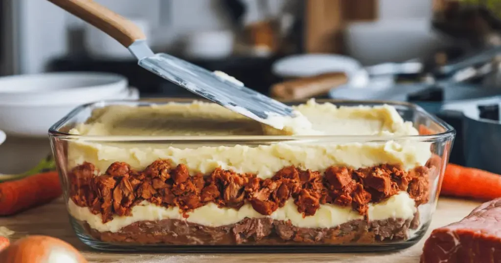 Layered Shepherd's Pie being prepared with mashed potatoes, meat, and vegetables in a glass baking dish.