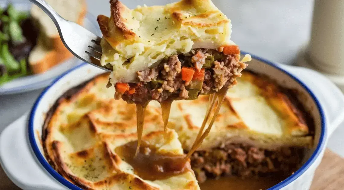 A fork lifting a hearty serving of Shepherd's Pie with Savory Mashed Potatoes, featuring golden-browned potatoes and flavorful meat filling.