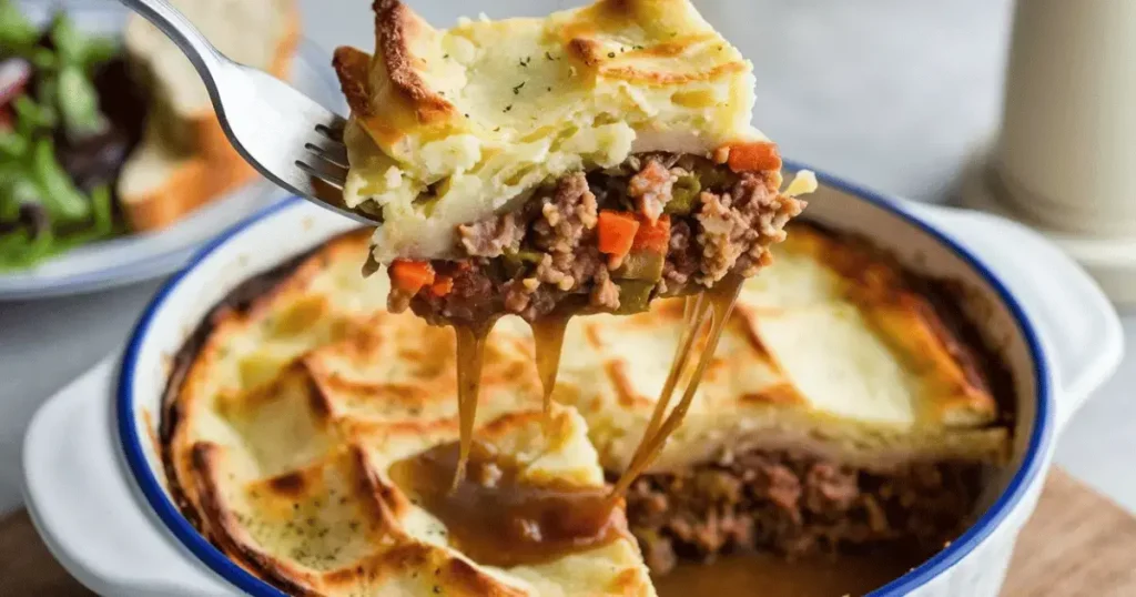 A serving of Shepherd's Pie with mashed potatoes and hearty meat and vegetable filling being lifted by a fork.