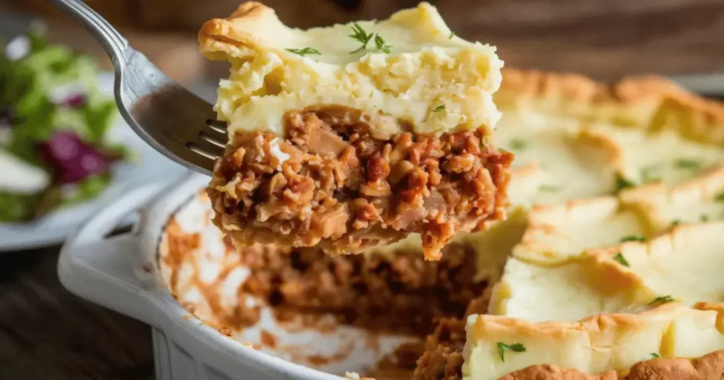 Close-up of a fork lifting a serving of Shepherd's Pie with mashed potatoes and a hearty meat filling.