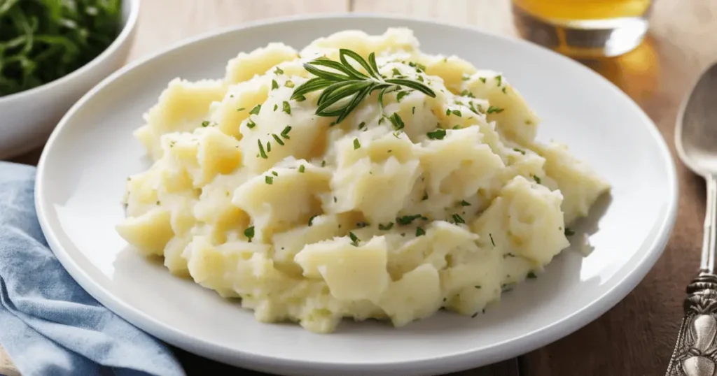 Plate of creamy mashed potatoes garnished with fresh rosemary.