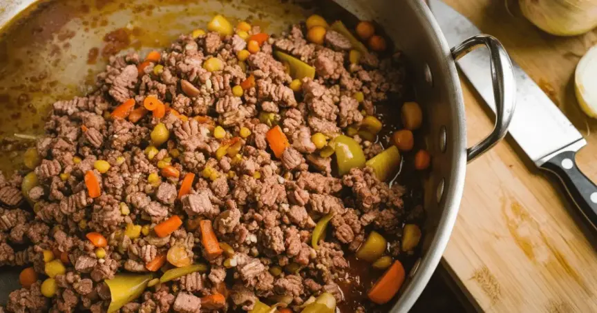 Cooked ground meat with diced vegetables in a large pan for Shepherd's Pie.