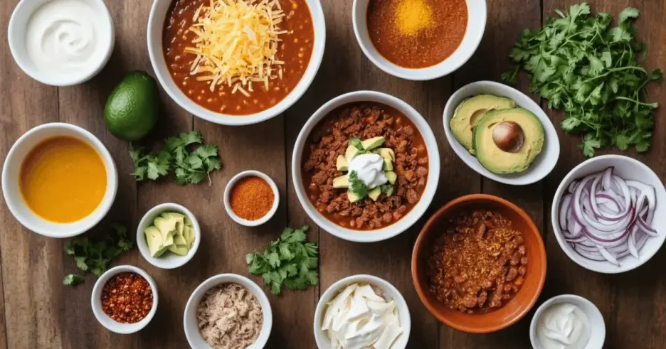 Ingredients and garnishes for Keto Taco Soup, including avocado, sour cream, cheese, onions, and cilantro arranged on a wooden table.