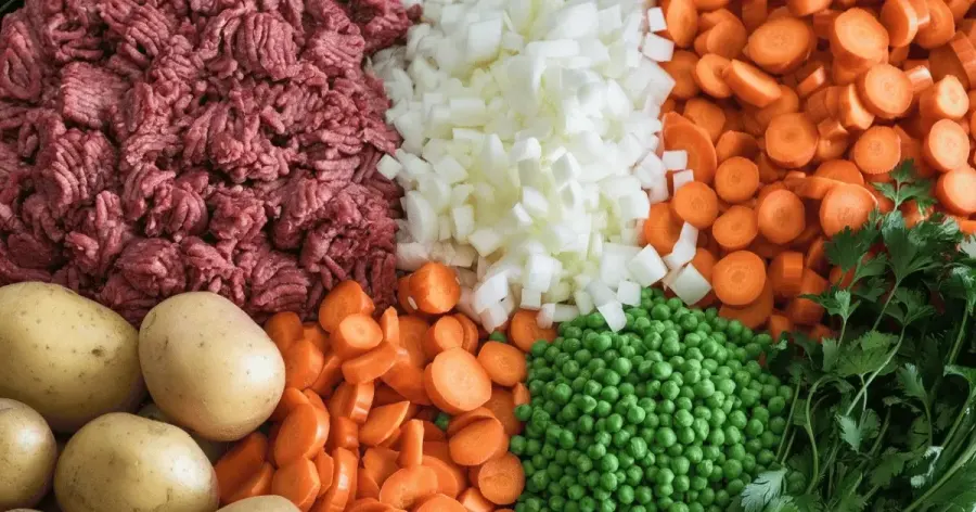 Ingredients for Shepherd's Pie with Savory Mashed Potatoes, including ground meat, diced onions, carrots, potatoes, peas, and fresh parsley.