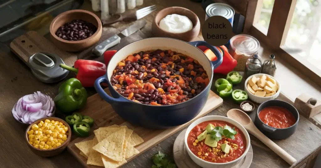 A hearty pot of easy black bean vegetarian chili surrounded by fresh ingredients and toppings, including spiced yogurt, chopped jalapeños, corn, and tortilla chips.