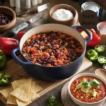 A hearty pot of easy black bean vegetarian chili surrounded by fresh ingredients and toppings, including spiced yogurt, chopped jalapeños, corn, and tortilla chips.