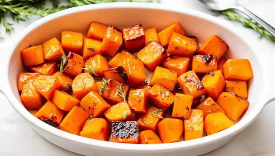 A dish of golden roasted butternut squash cubes garnished with rosemary, served in a white bowl.