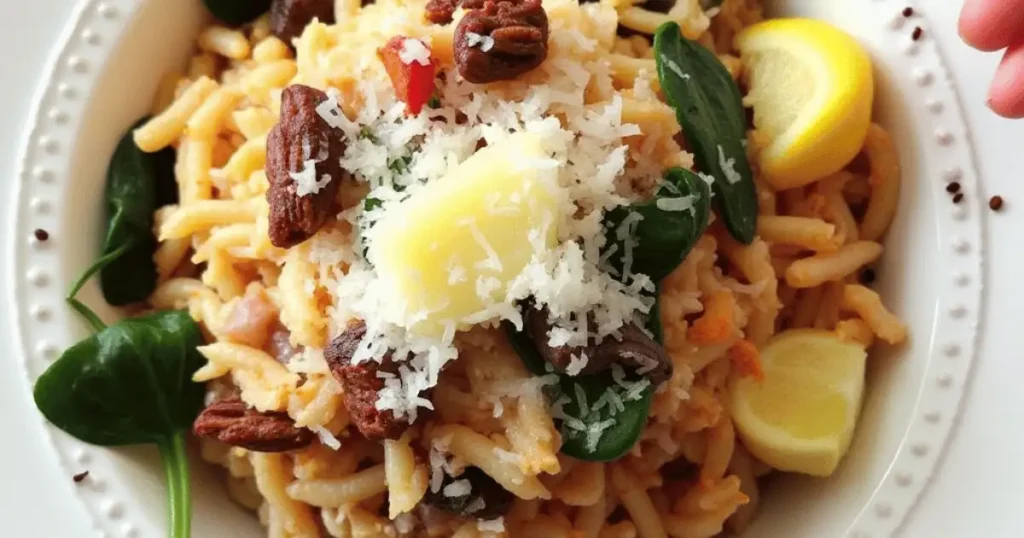 A plate of Dump and Bake Vegan Tuscan Orzo garnished with fresh spinach leaves, candied pecans, lemon wedges, and shredded vegan cheese.