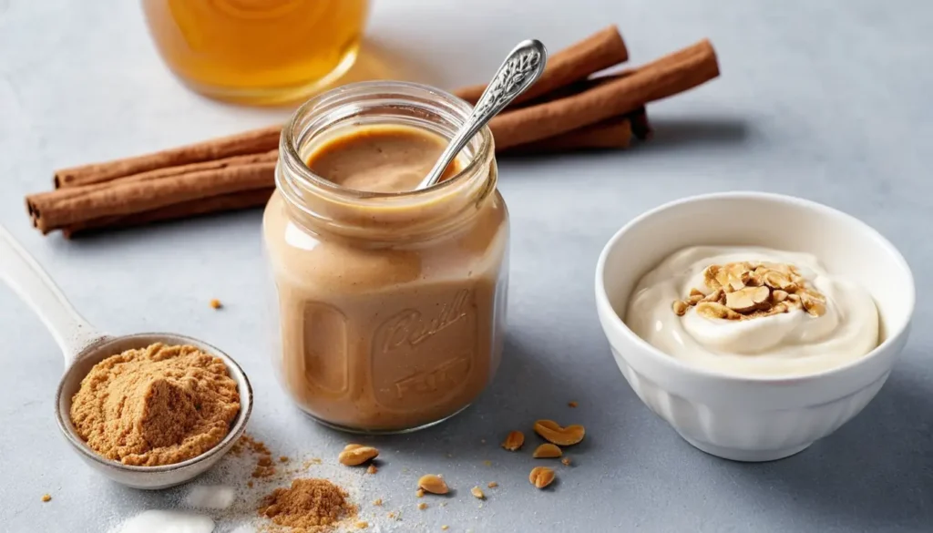 Ingredients for Greek yogurt peanut butter dip, including a jar of peanut butter, a bowl of Greek yogurt topped with crushed peanuts, cinnamon sticks, a spoonful of cinnamon powder, and honey.