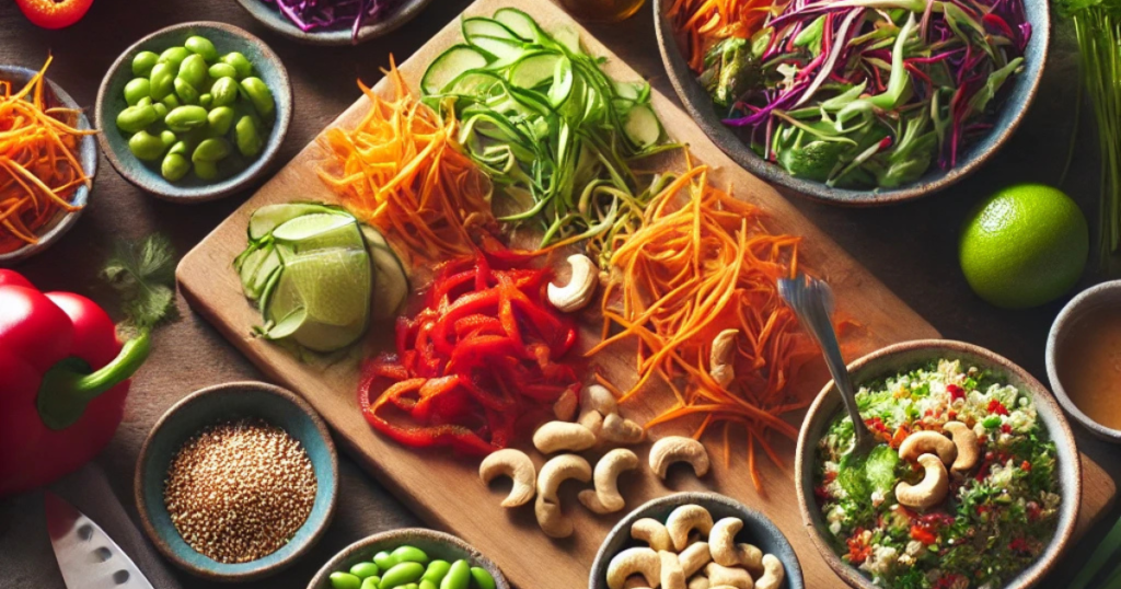 Ingredients for Asian Cashew Quinoa Salad, including quinoa, shredded carrots, sliced red peppers, zucchini ribbons, edamame, red cabbage, cashews, and lime arranged on a wooden cutting board.