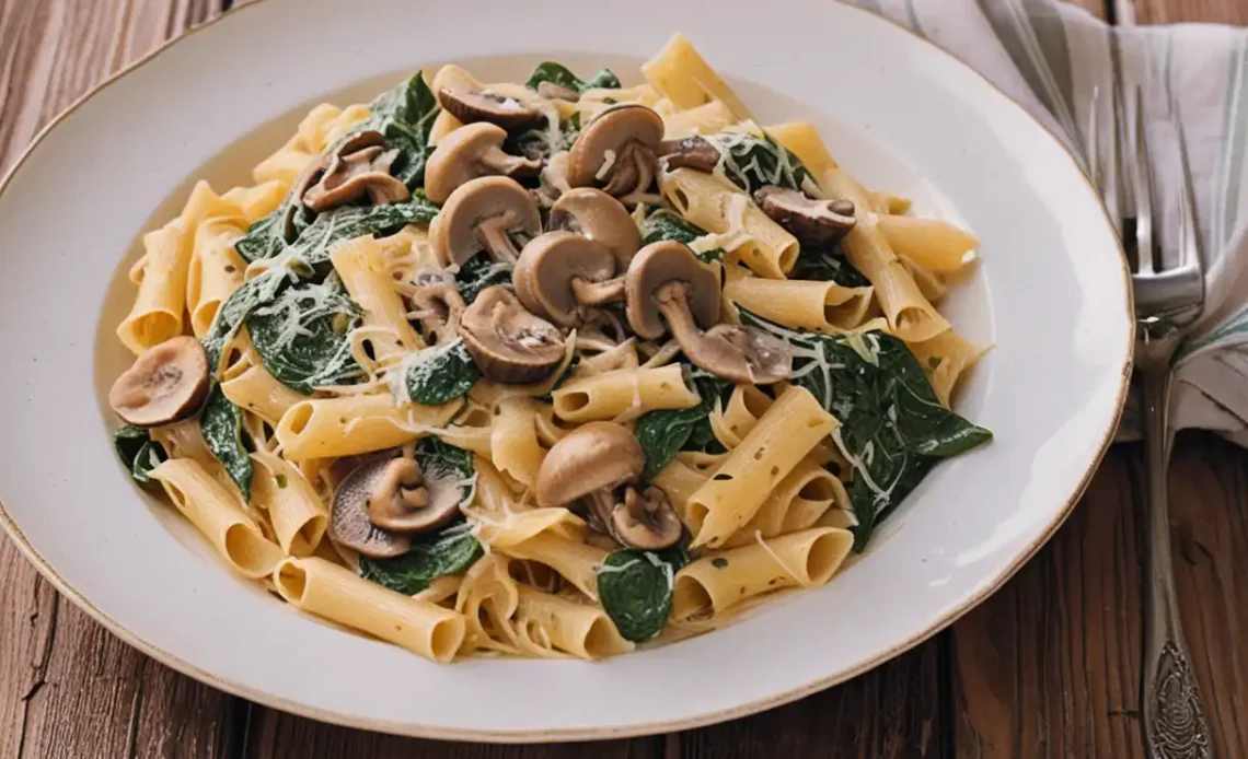 A plate of creamy spinach and mushroom pasta, garnished with freshly grated cheese, served on a rustic wooden table.