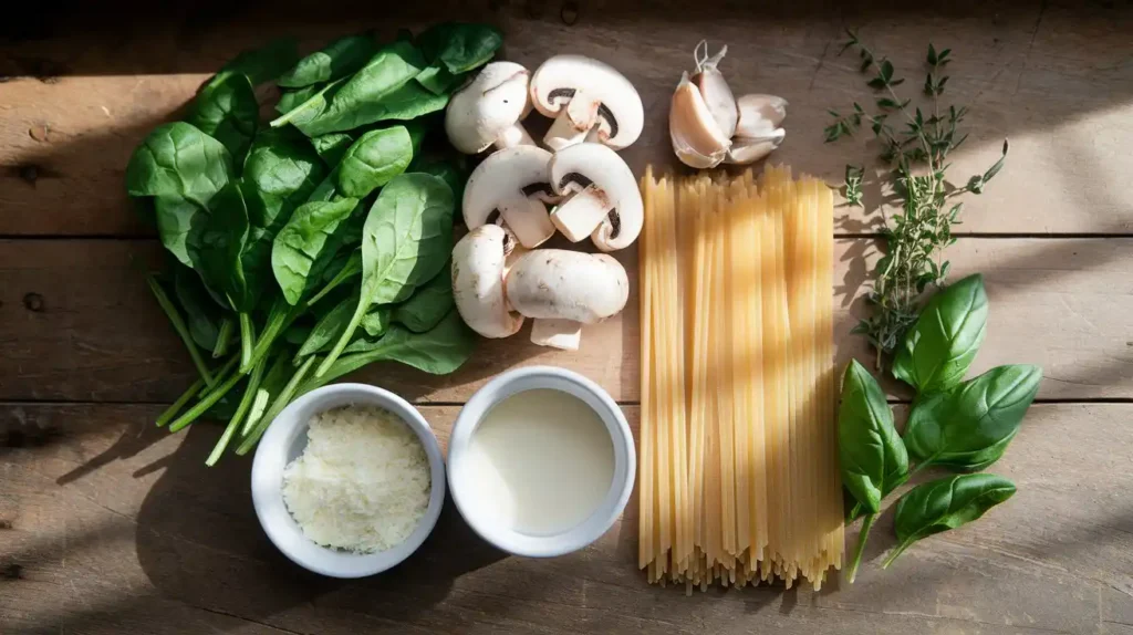  Ingredients for creamy spinach and mushroom pasta laid out on a wooden surface, including fresh spinach, mushrooms, garlic, dry pasta, grated cheese, cream, and fresh herbs.