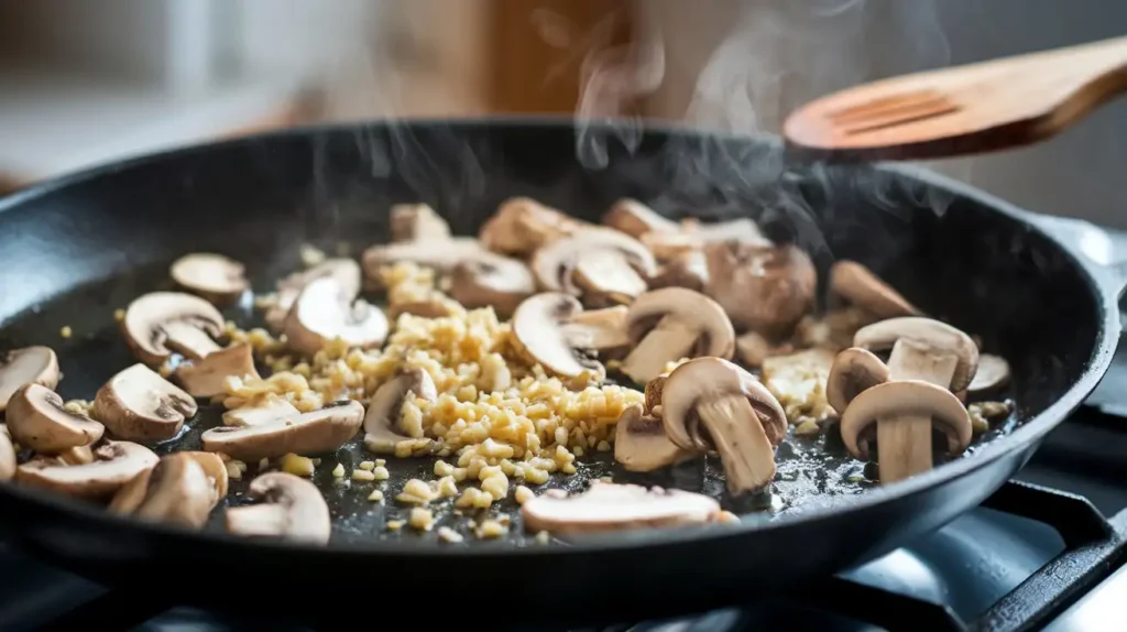 Mushrooms and minced garlic sautéing in a hot skillet for creamy spinach and mushroom pasta.