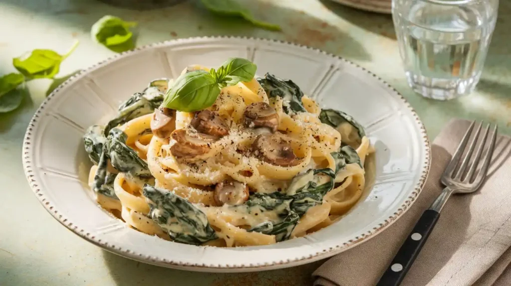 A plate of creamy spinach and mushroom pasta garnished with fresh basil leaves.