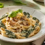 A plate of creamy spinach and mushroom pasta garnished with fresh basil leaves.