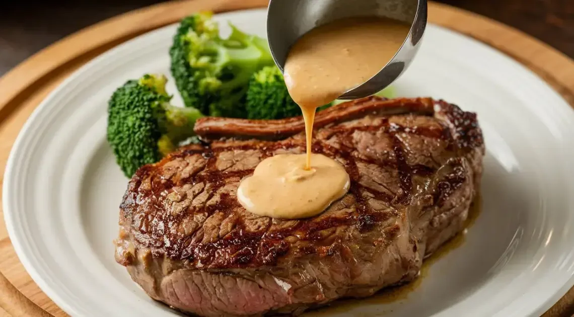 Juicy grilled steak topped with creamy garlic butter sauce, served with steamed broccoli on a white plate.