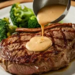 Juicy grilled steak topped with creamy garlic butter sauce, served with steamed broccoli on a white plate.