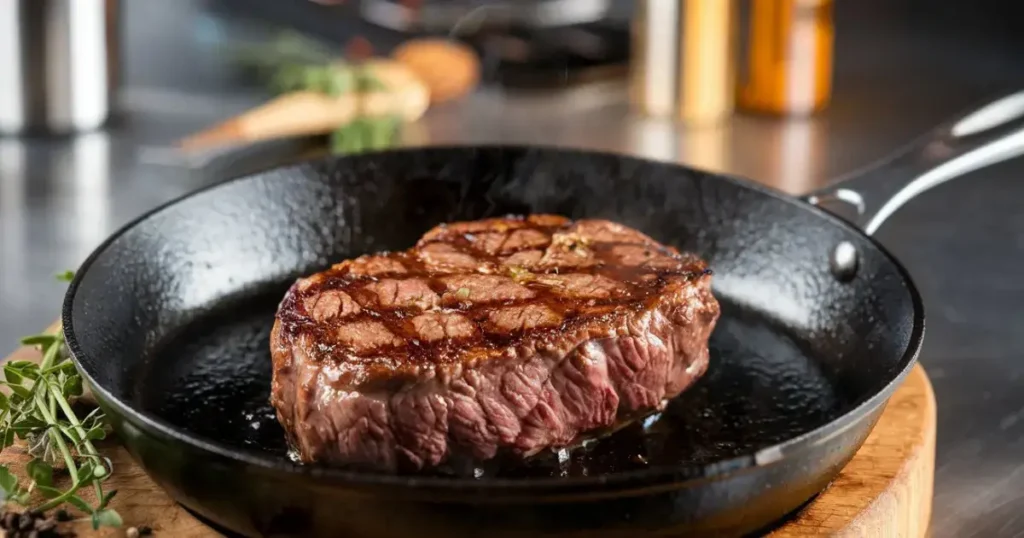 Perfectly seared steak in a skillet for a Creamy Garlic Butter Steak recipe.