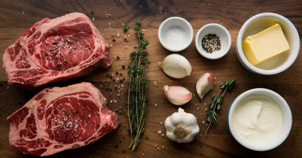 Ingredients for Creamy Garlic Butter Steak including raw ribeye steaks, garlic, butter, cream, herbs, and seasonings on a wooden board.