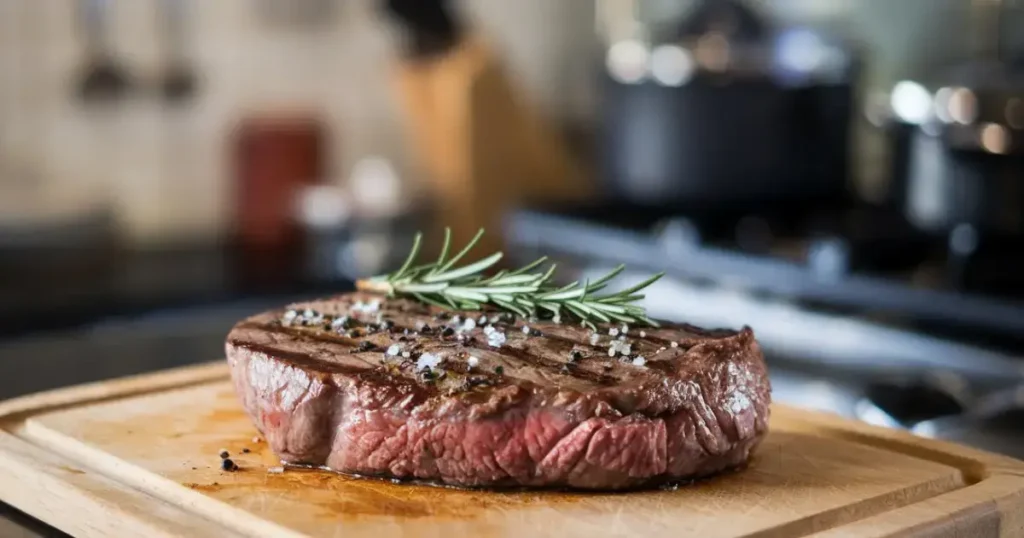 Grilled steak resting on a wooden board with rosemary garnish for a Creamy Garlic Butter Steak recipe.