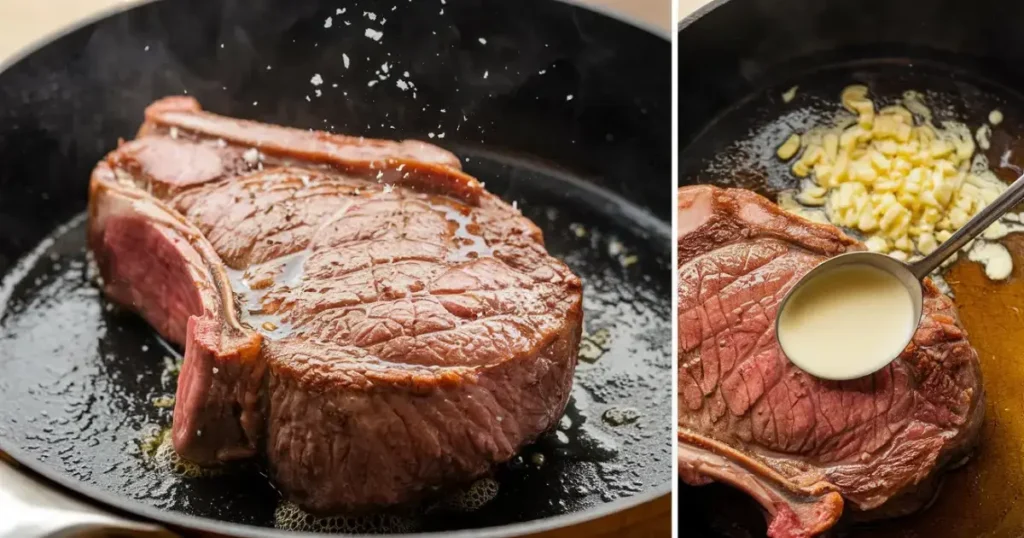 Cooking Creamy Garlic Butter Steak in a skillet, searing the steak and adding garlic and creamy sauce.