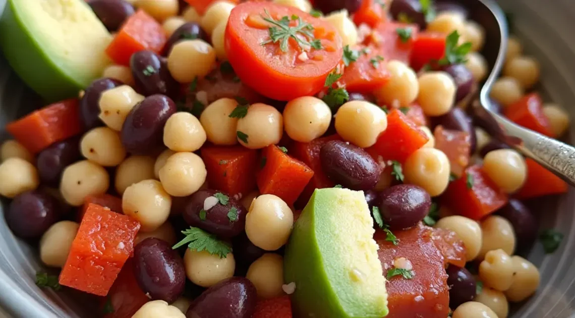 A vibrant dense bean salad featuring chickpeas, black beans, diced tomatoes, avocado, and garnished with fresh herbs.