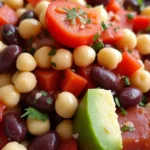 A vibrant dense bean salad featuring chickpeas, black beans, diced tomatoes, avocado, and garnished with fresh herbs.