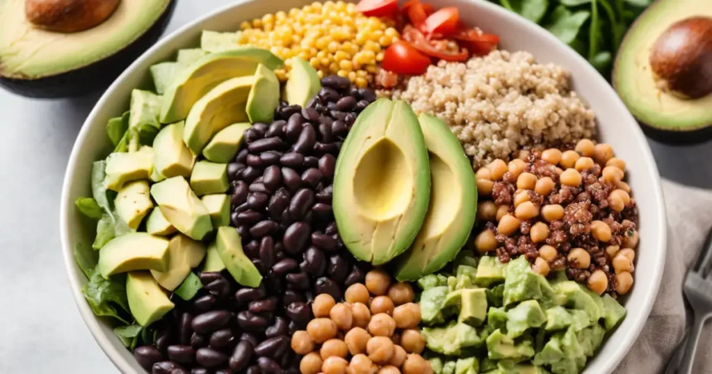 A colorful bowl of dense bean salad featuring black beans, chickpeas, quinoa, avocado slices, corn, diced tomatoes, and leafy greens.