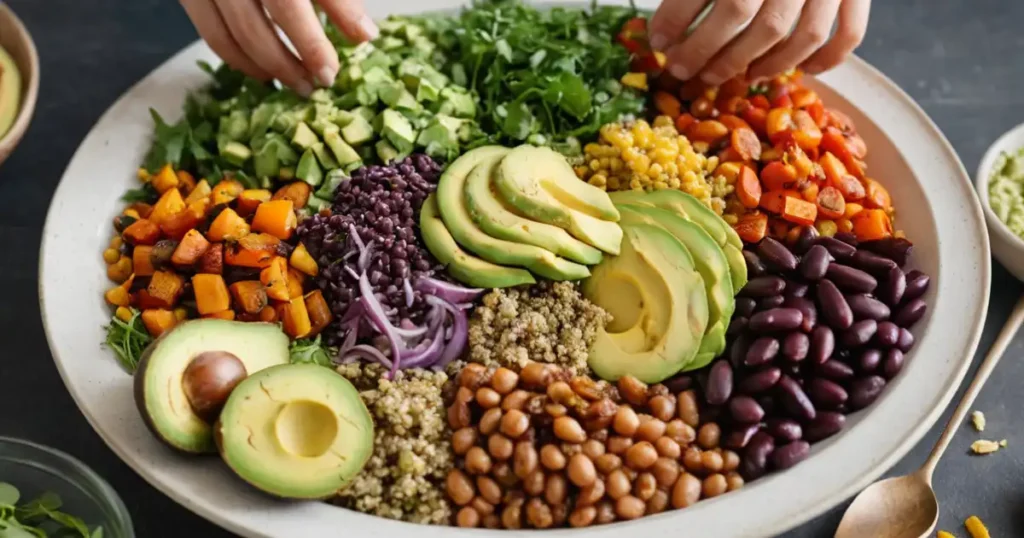 A large serving bowl of dense bean salad with colorful ingredients like avocado, quinoa, beans, roasted vegetables, corn, and greens, being prepared by hand.