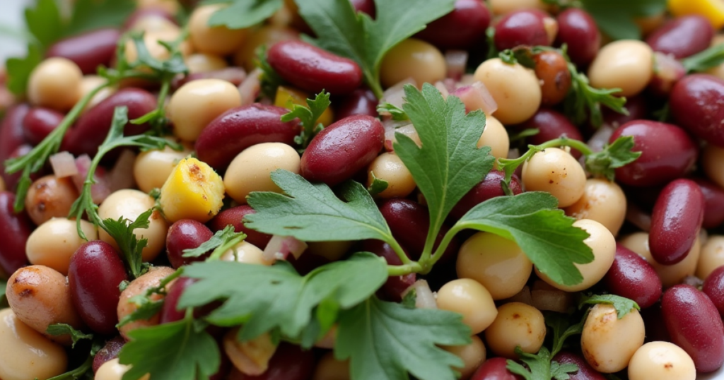 A close-up of a dense bean salad featuring red kidney beans, white beans, parsley, diced onions, and corn.