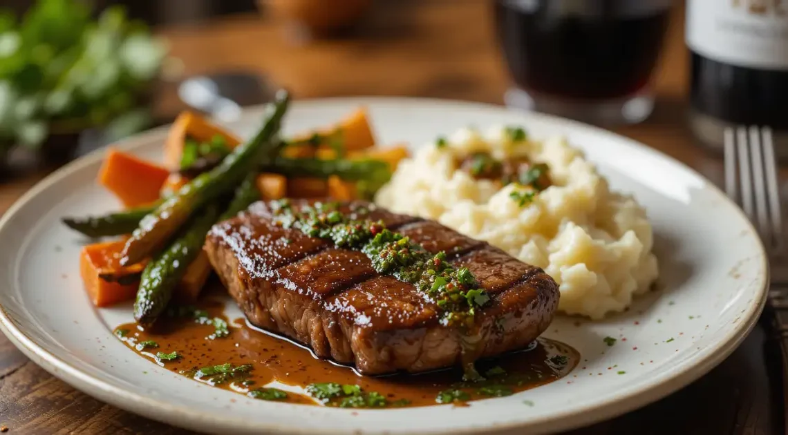 A juicy beef loin flat iron steak served with mashed potatoes, roasted vegetables, and garnished with fresh herbs on a white plate,