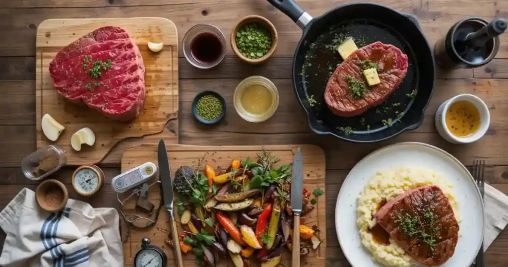 A step-by-step preparation of beef loin flat iron steak, featuring raw steak on a cutting board, steak cooking in a skillet with butter, roasted vegetables, and a plated dish with mashed potatoes.