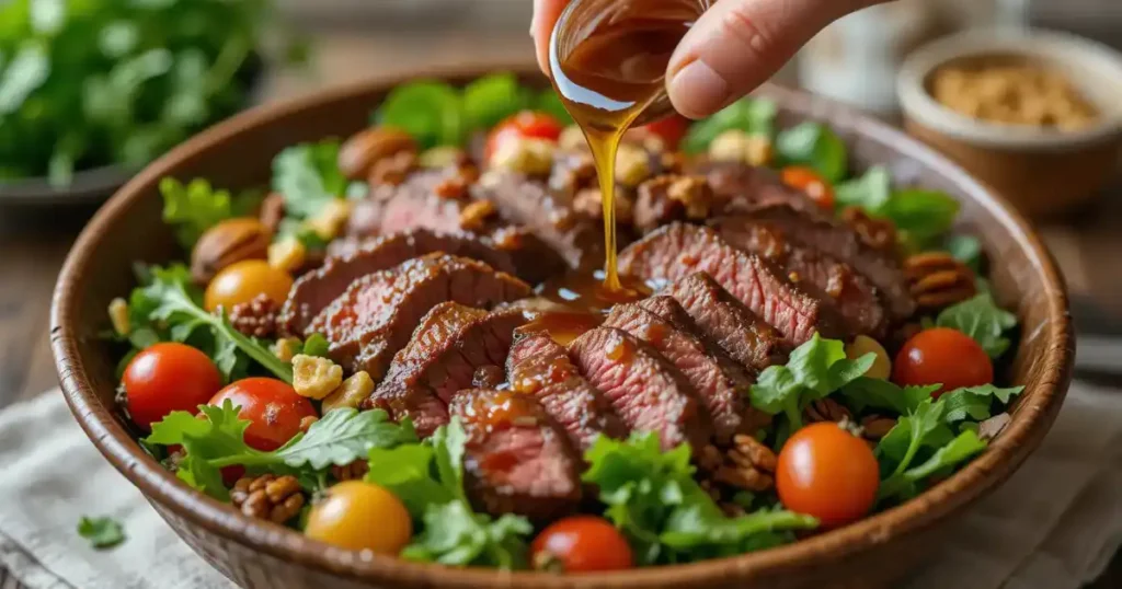 Sliced beef loin flat iron steak served on a fresh salad with cherry tomatoes, nuts, and greens, topped with a drizzle of dressing.