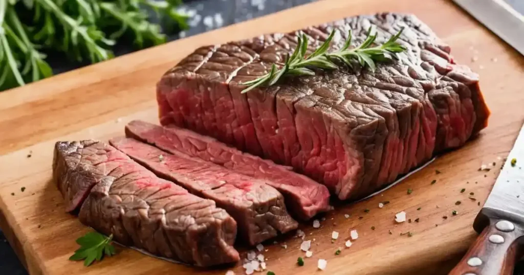 Sliced beef loin flat iron steak on a wooden cutting board, garnished with a sprig of rosemary and sprinkled with coarse salt and herbs.