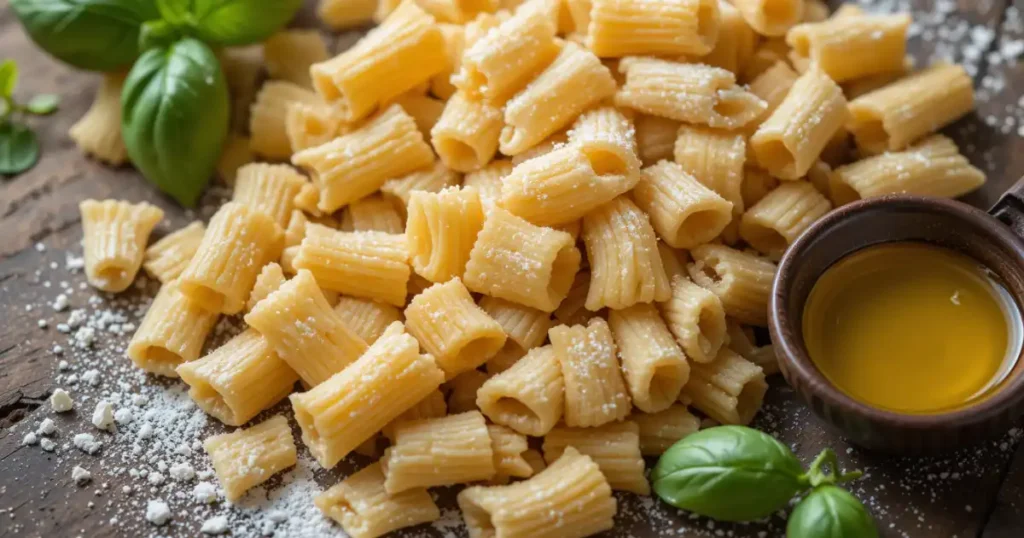 A close-up of uncooked trafile paccheri pasta sprinkled with flour, surrounded by fresh basil leaves and a small wooden bowl of olive oil.