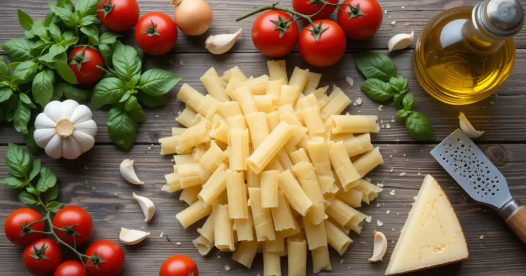 A wooden table displaying uncooked trafile paccheri pasta surrounded by fresh tomatoes, basil, garlic, a wedge of cheese, and a bottle of olive oil.