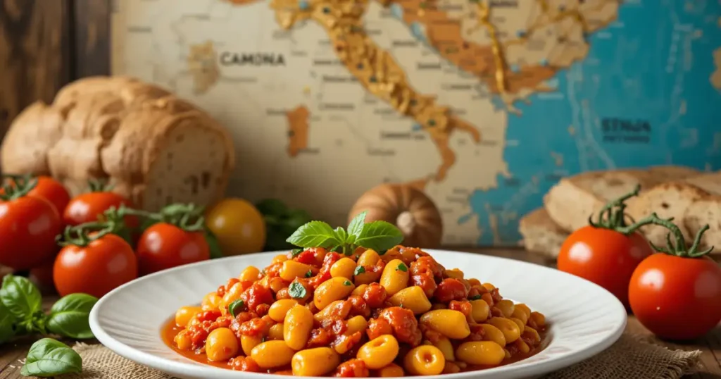 A plate of cooked trafile paccheri pasta topped with a rich tomato sauce and garnished with basil, surrounded by fresh tomatoes, bread, and a map of Italy in the background.