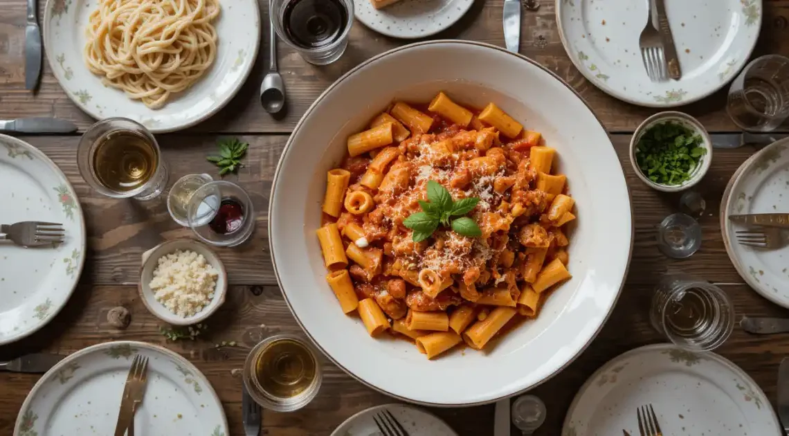 A large bowl of trafile paccheri pasta topped with rich tomato sauce and grated cheese, surrounded by a rustic table setting with plates, cutlery, and glasses.