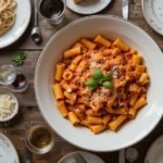 A large bowl of trafile paccheri pasta topped with rich tomato sauce and grated cheese, surrounded by a rustic table setting with plates, cutlery, and glasses.