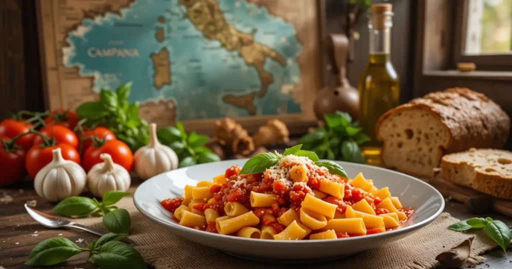 A plate of trafile paccheri pasta served with tomato sauce, garnished with fresh basil and Parmesan, surrounded by garlic, bread, tomatoes, and a map of Campania in the background.