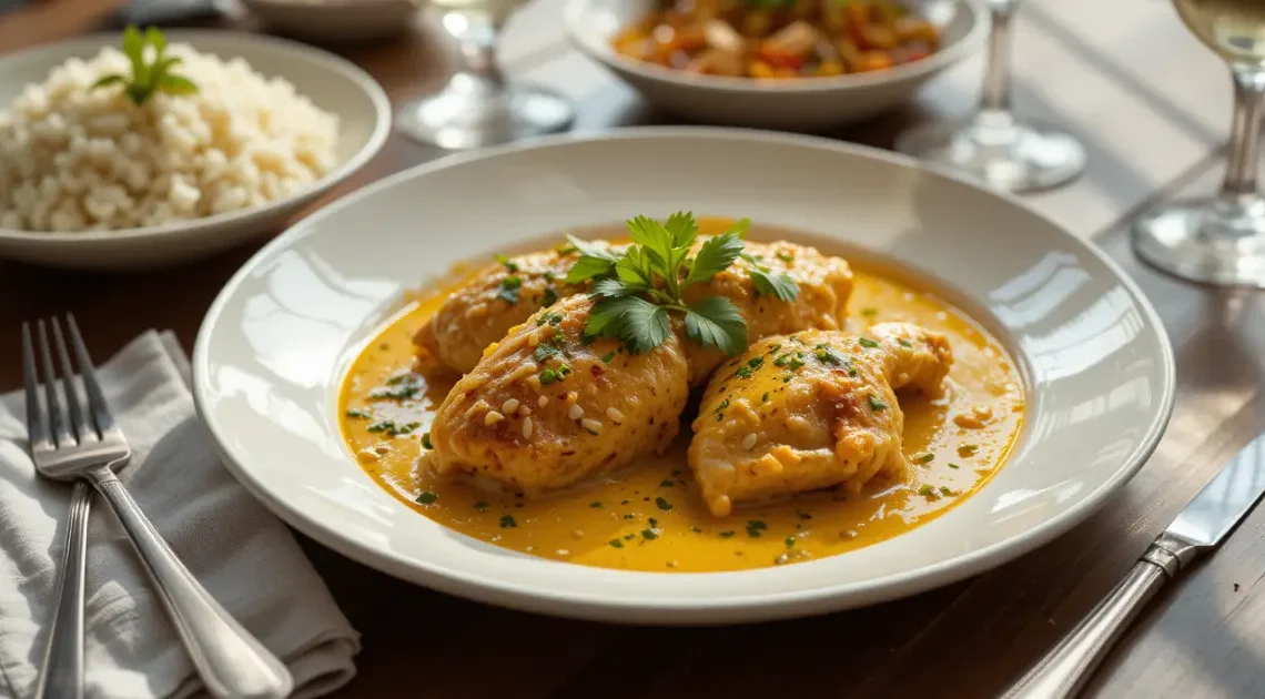 A plate of Churu Chicken Amarillo served in a vibrant yellow sauce, garnished with fresh herbs, accompanied by a side of rice and vegetables.