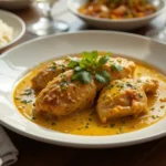 A plate of Churu Chicken Amarillo served in a vibrant yellow sauce, garnished with fresh herbs, accompanied by a side of rice and vegetables.