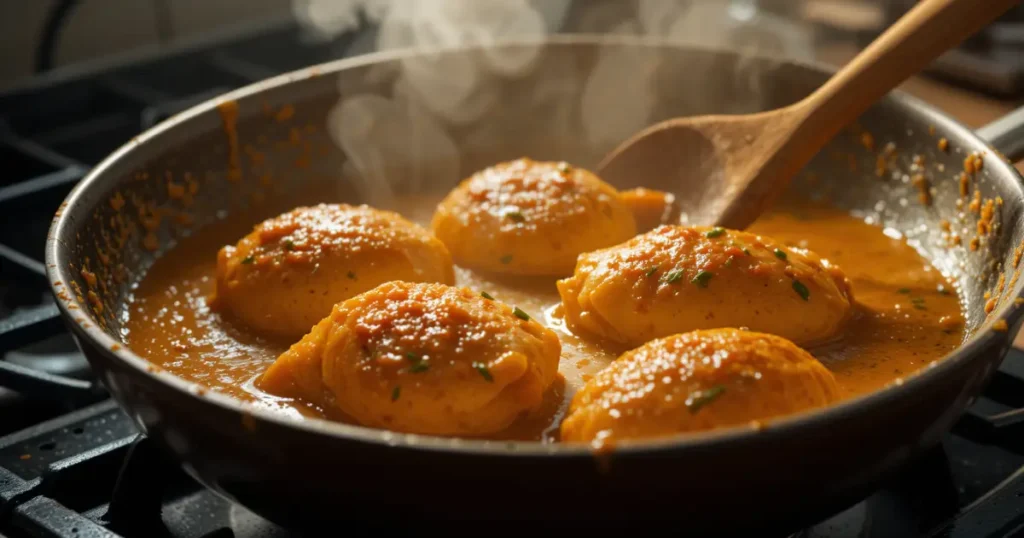 Chicken thighs simmering in a vibrant yellow sauce for the Churu Chicken Amarillo Recipe.