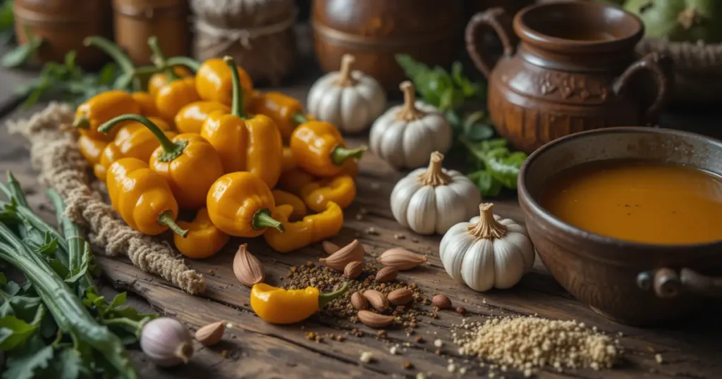  Ingredients for Churu Chicken Amarillo Recipe, including yellow chili peppers, garlic, almonds, and a bowl of amarillo sauce, displayed on a rustic wooden table.