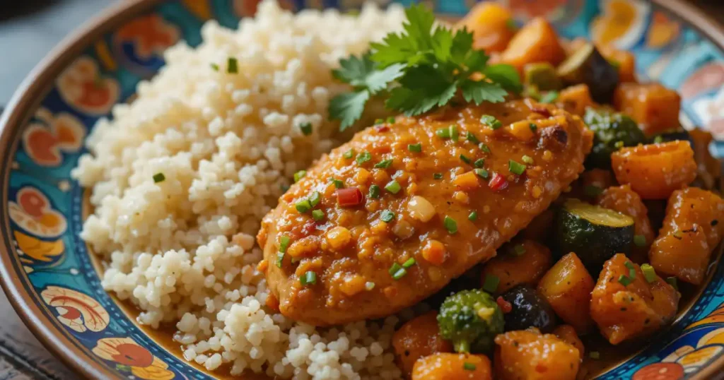 A vibrant plate featuring Churu Chicken Amarillo served with couscous and roasted vegetables.