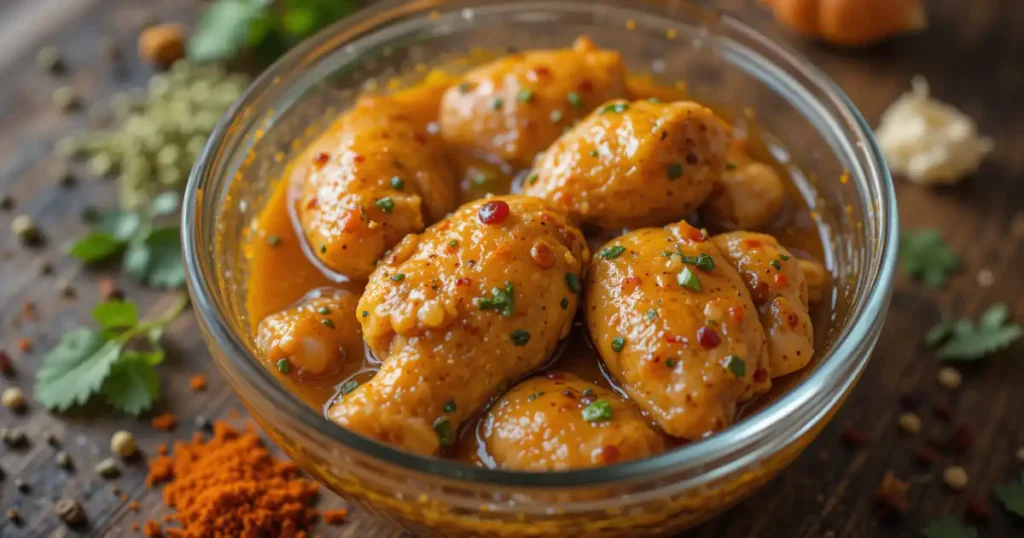 A glass bowl filled with marinated chicken pieces for the Churu Chicken Amarillo Recipe, coated in a vibrant orange-yellow marinade with herbs and spices.