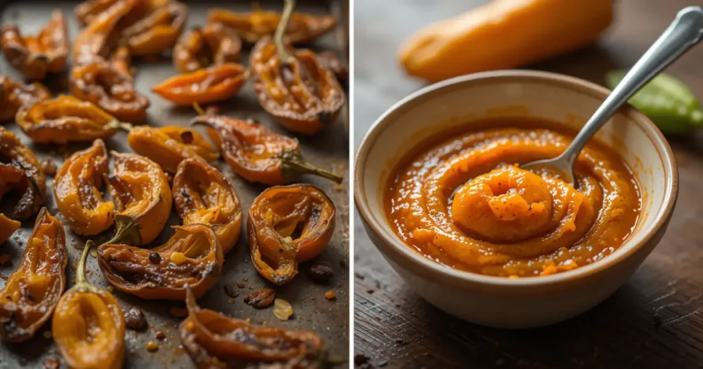 Roasted yellow peppers on a tray and a bowl of yellow pepper puree for the Churu Chicken Amarillo Recipe.