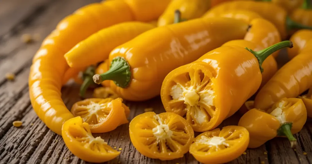 Fresh yellow chili peppers displayed on a rustic wooden surface, essential for the Churu Chicken Amarillo Recipe.